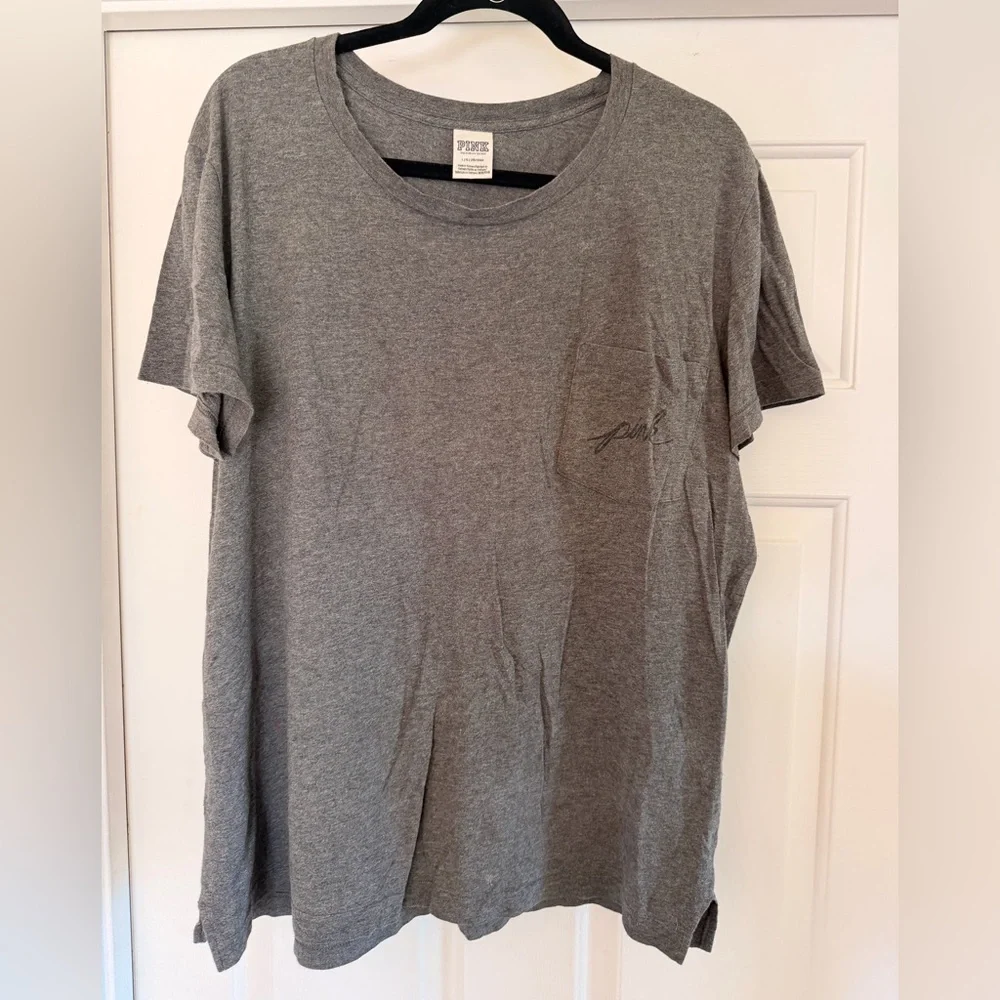 PINK Victoria's Secret Gray Tee with Pastel Letters and Black Sequins Size L - Picture 2 of 4